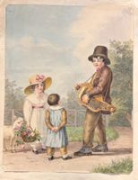Lithographie aquarellée 19ème "enfants et jeune musicien"