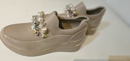Elegant Women's Beige Shoes with Pearl Detail, Size 38