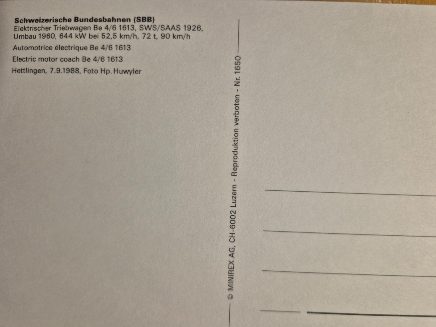 Cartoline postali: SBB-CFF Be 4/6 1613, Hettlingen, 7.9.1988 – Nuovo (secondo la descrizione) da St-Léonard venduto da thipif 1
