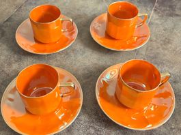 Service à café vintage orange vif, 4 tasses et sous-tasses
