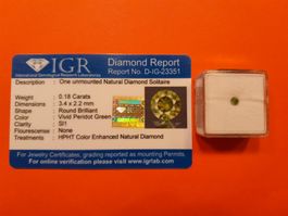 0.18 cts CERTIFIED Diamond, SI1, Vivid Peridot Green