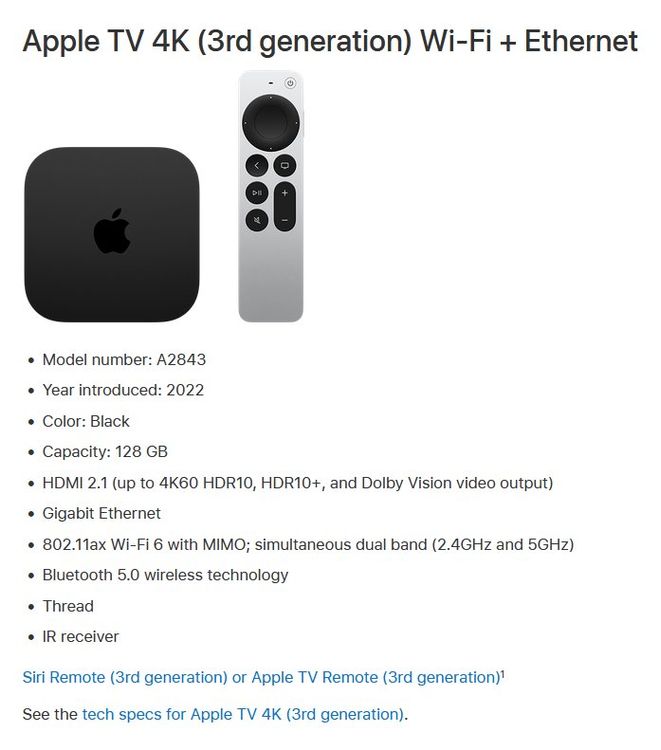 ② Apple TV 4K (Wi-Fi + Ethernet) 128GB — Lecteurs multimédias