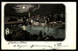Lithographie Olten, Totalansicht mit Kirche im Mondlicht