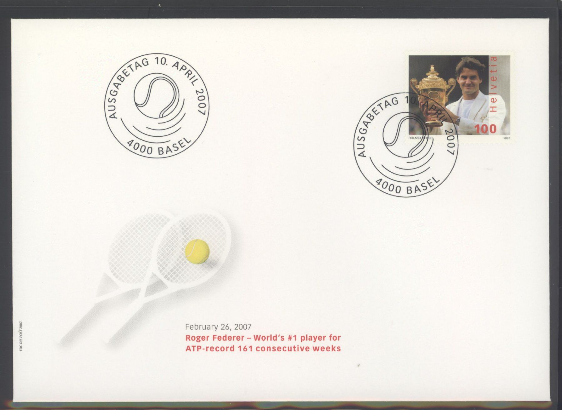 Tutti i francobolli: 2007, FDC, Sondermarke Roger Federer – Usato da Willisau venduto da Vollstempel