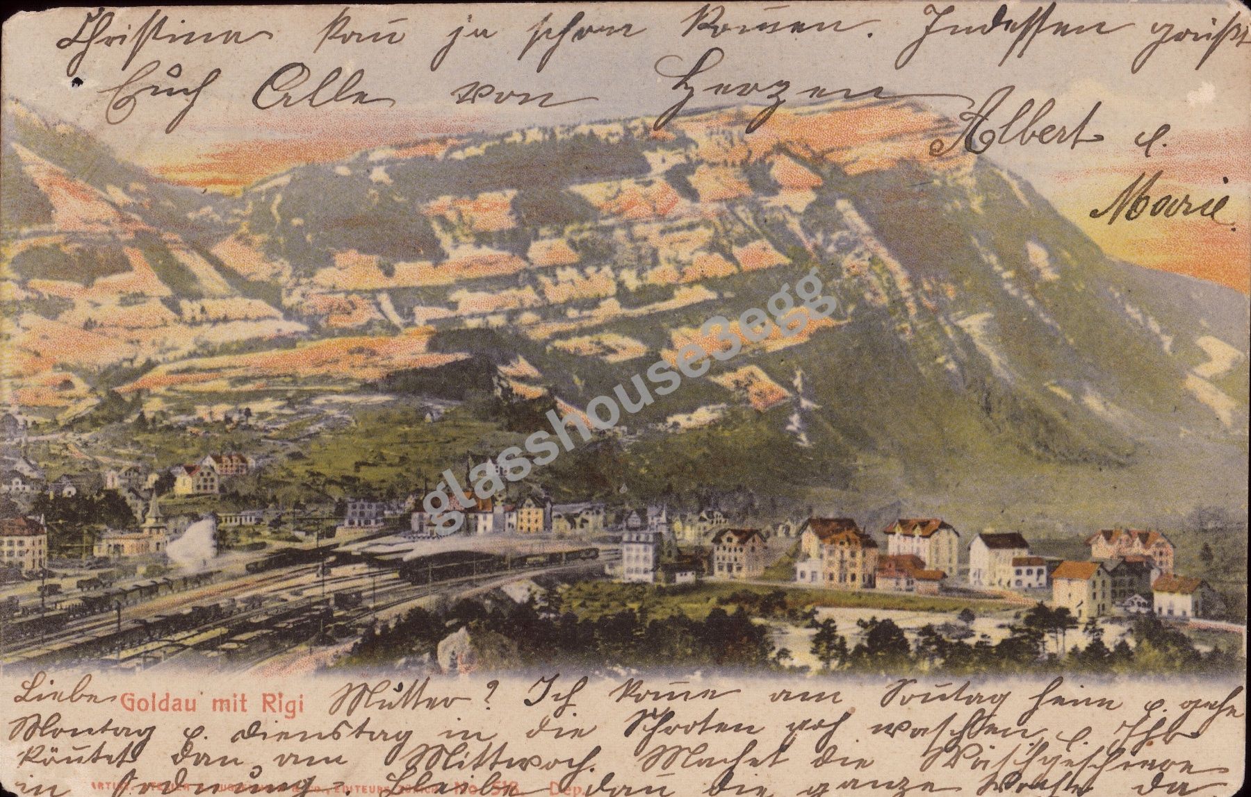 Cartoline postali: AK 1910 Goldau mit Rigi – Usato da Eggersriet venduto da glasshouse3egg