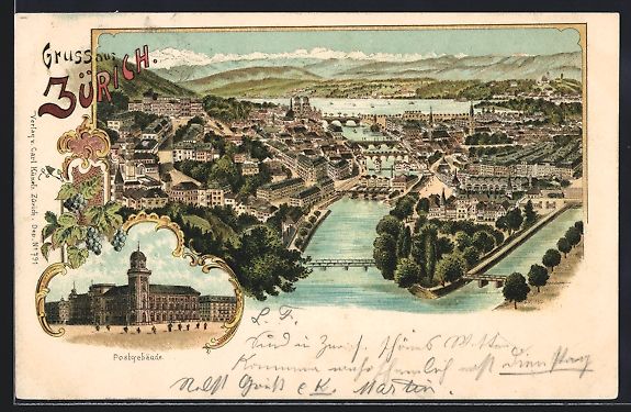 Cartes postales: Lithographie Zürich, Ortsansicht, 1899 – D'occasion à Berlin par bartko-reher