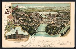 Lithographie Zürich, Ortsansicht, 1899