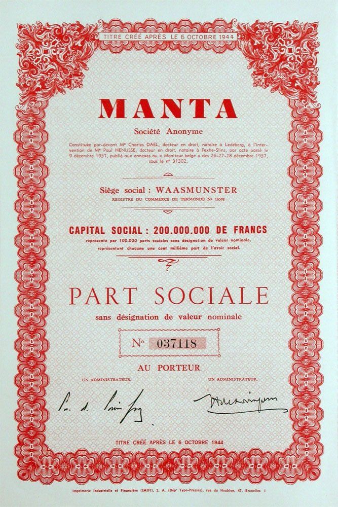 Documenti: Manta SA, Waasmunster - 1957 – Usato da Solothurn venduto da Sgasche