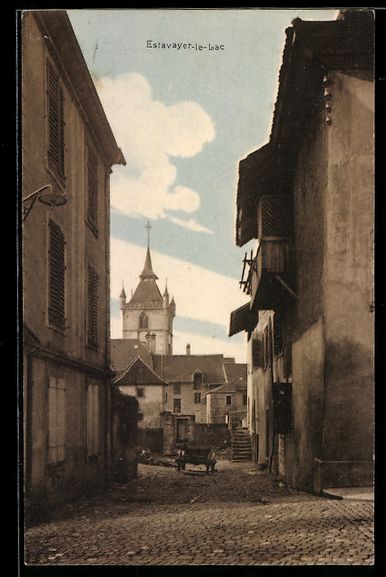 Cartoline postali: Estavayer-le-Lac, Rue et clocher de l' – Usato da Berlin venduto da bartko-reher