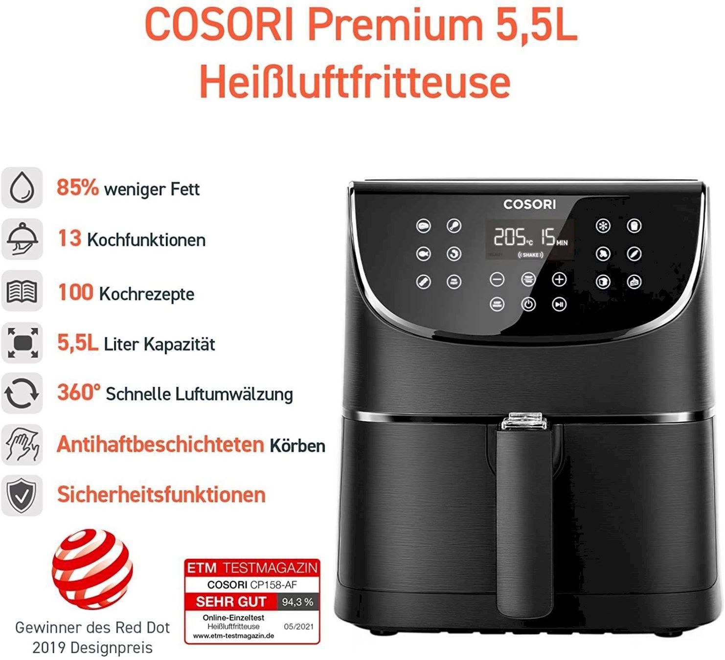 Elettrodomestici da cucina: COSORI Heißluftfritteuse XXL 5,5L – Nuovo e nell'imballaggio originale da Bottighofen venduto da zaap 1