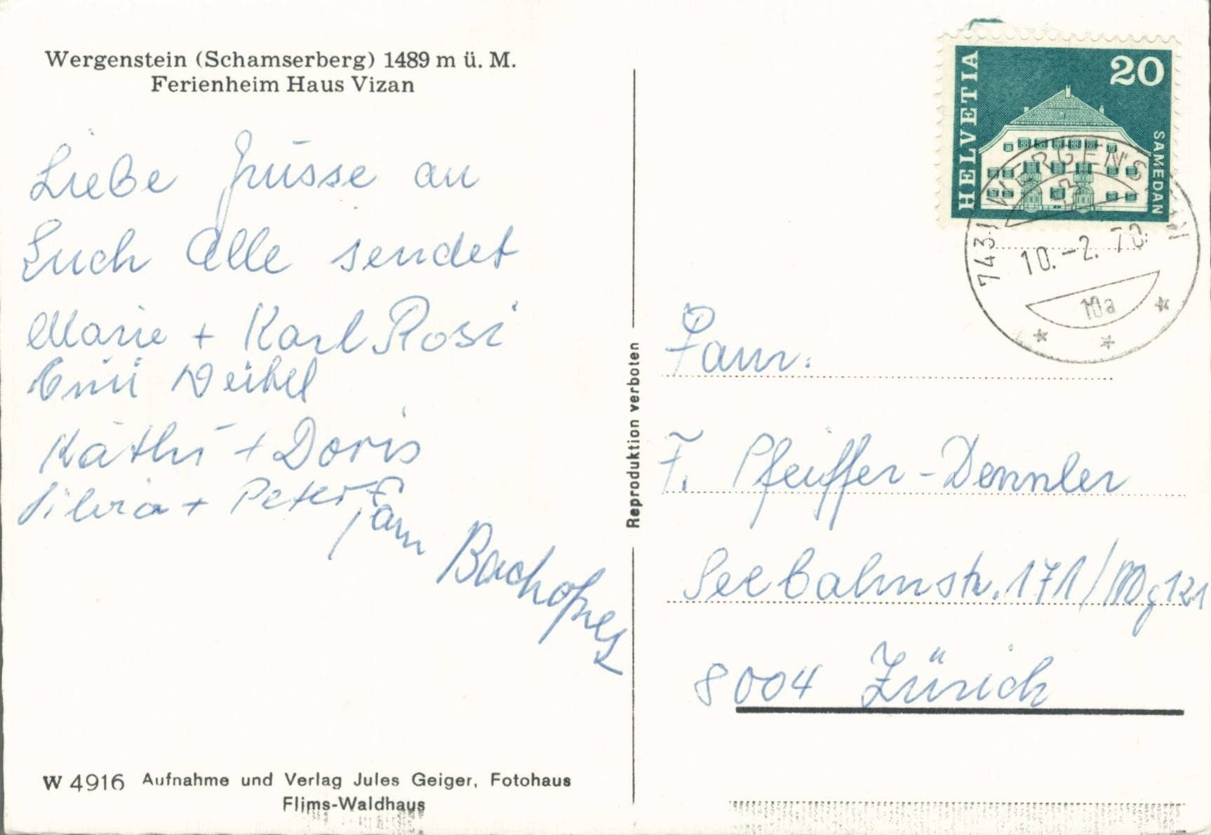 Ansichtskarten: Alte Ansichtskarte Wergenstein, Schamserberg im Winter 1970 – Gebraucht aus Luzern von Kartenansicht 1