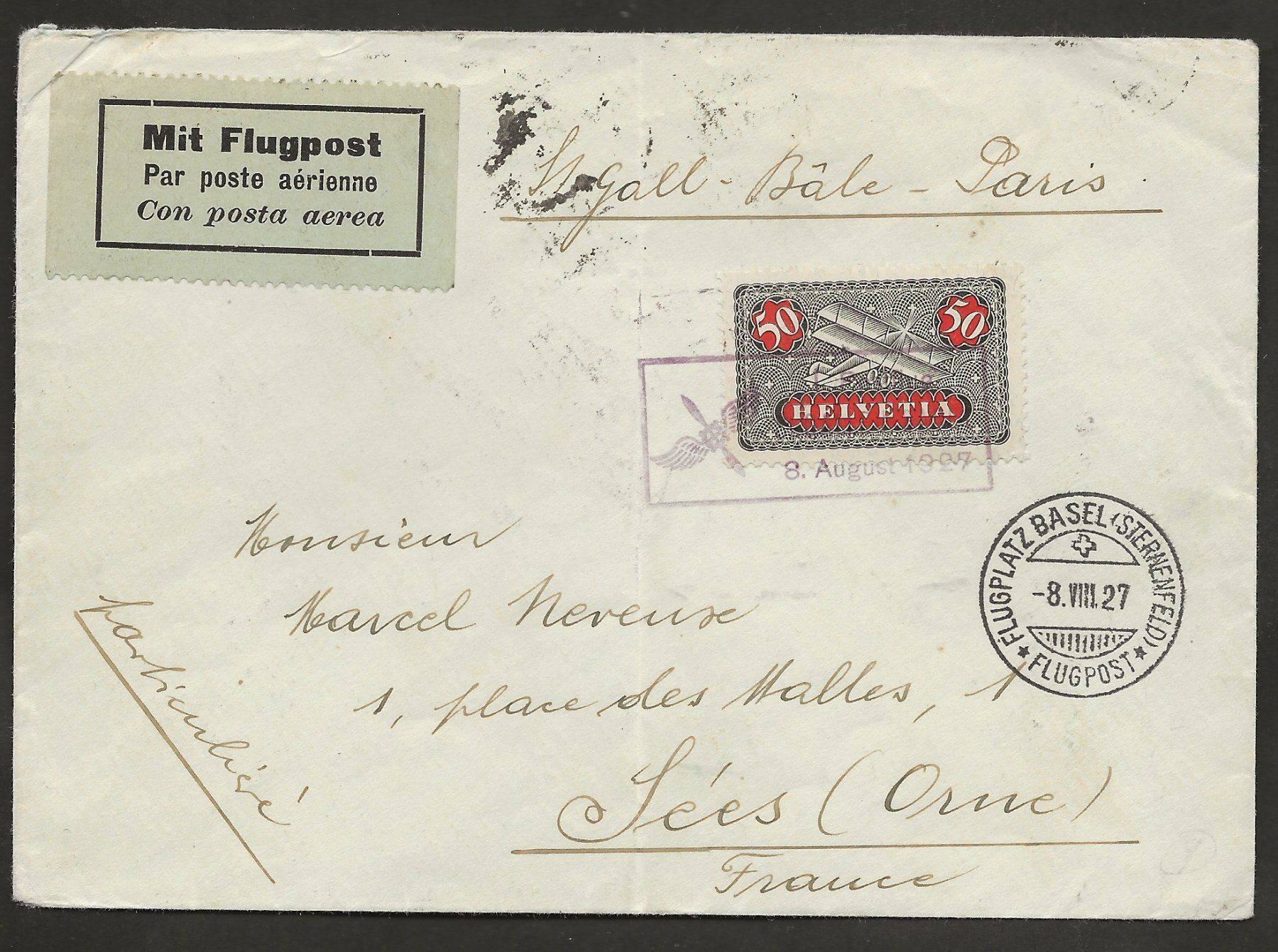 Tutti i francobolli: Flugpost Schweiz 1927 St. Gallen Basel Paris Erstflug – Usato da Au ZH venduto da xelagreb01