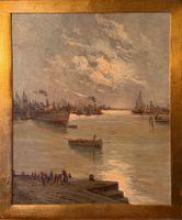 Dipinto antico, olio su tavola, porto di Marghera, Ugolini