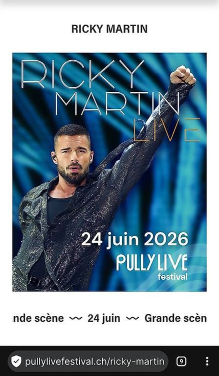 Pully live festival: Ricky Martin 2 billets, 24 juin 2026 (D'occasion ...