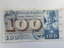 100 Schweizer Franken Banknoten von 1967 Nr. 62G13996