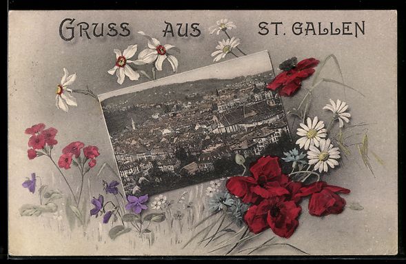 Ansichtskarten: AK St. Gallen, Ortsansicht wird von Blumen eingerahmt Gruss  – Gebraucht aus Berlin von bartko-reher