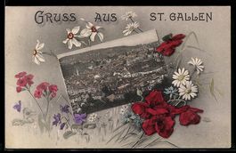 AK St. Gallen, Ortsansicht wird von Blumen eingerahmt Gruss 