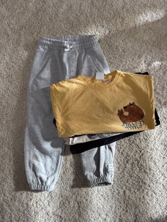 SET Zara Hose +3 coole langarm Shirts grau Bär Velo 116 5-6J