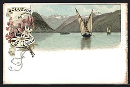 Litho Lac Léman, Segelboote und ein kle
