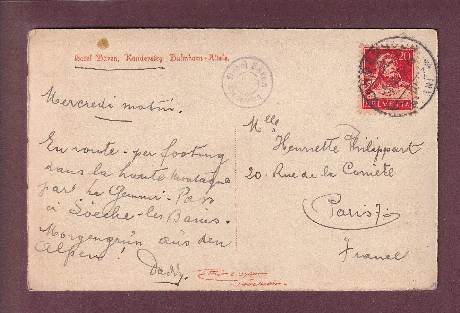 Cartoline postali: KANDERSTEG - Hotel Bären - 1925 E. Gyger – Usato da Pully venduto da nicecards 1