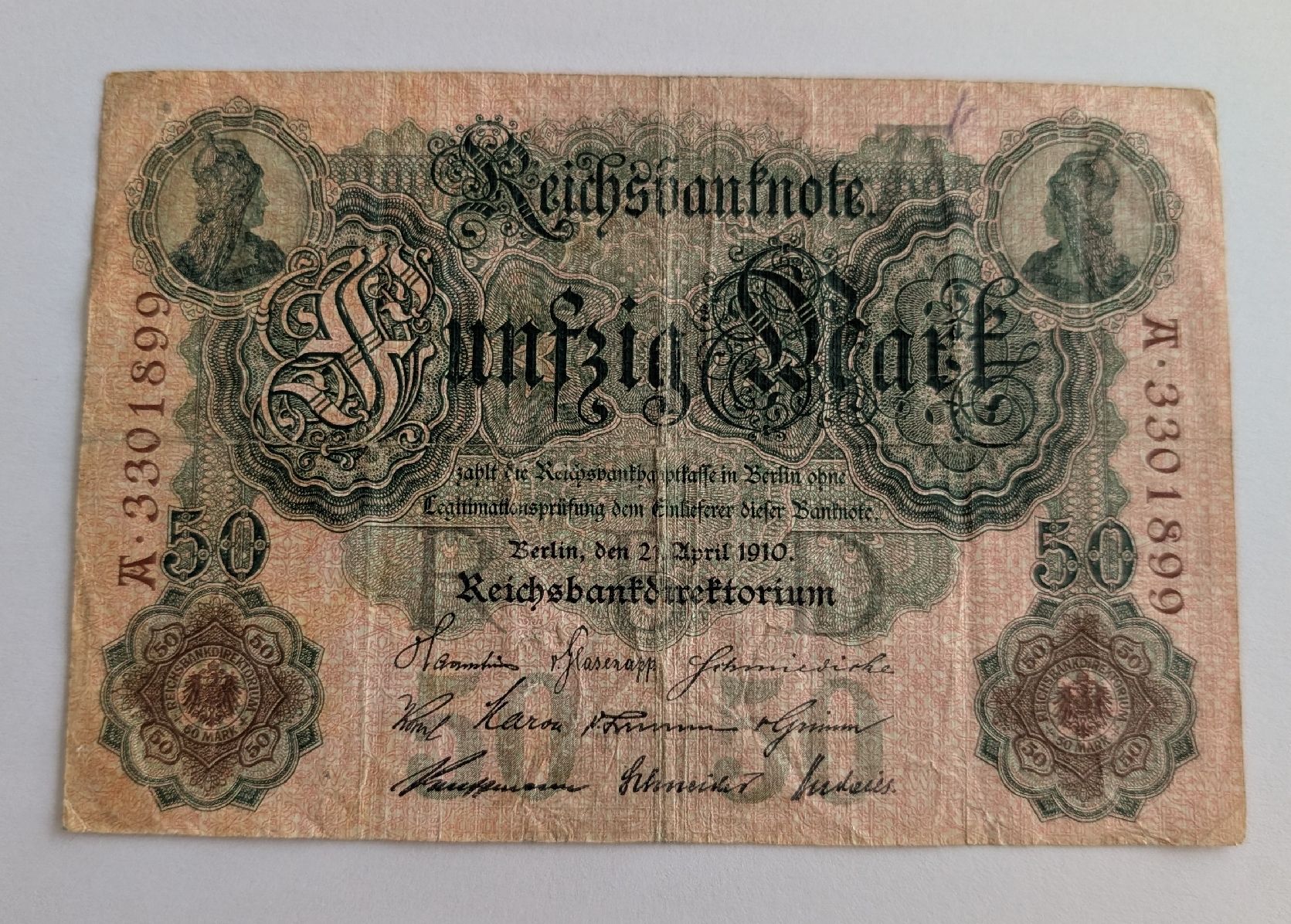 Banknoten: 50 Mark Reichsbanknote, 1910 – Gebraucht aus Widnau von angiel02