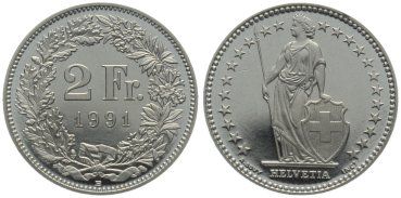 Tutti le monete: 2 Franken 1991 B – Usato da Haag ( Rheintal ) venduto da Fischerweb