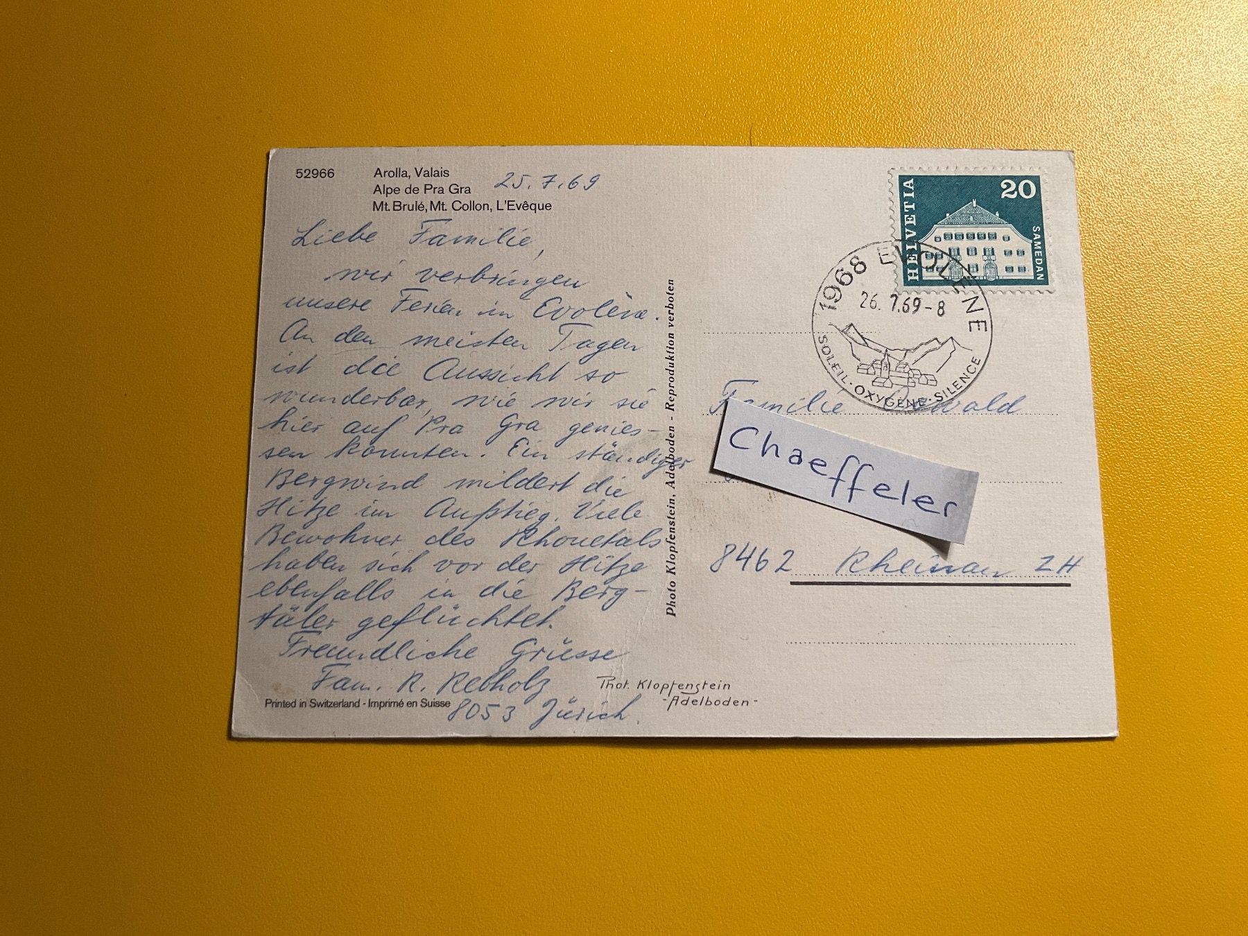 Ansichtskarten: 1968 Arolla Valais Alpe de Pra Gra – Defekt aus Zürich von Chaeffeler 1
