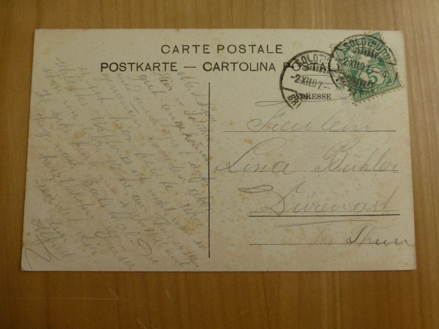 Ansichtskarten: Solothurn, Ansichtskarte Gelaufen1907 – Gebraucht aus Bettlach von 1saurer 1