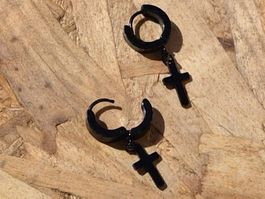 2 Stk Chromstahl Creolen Kreuz hängend Ohrringe Inox Man