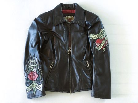 Vintage Harley-Davidson Lederjacke im Tattoo-Stil, neuwertig