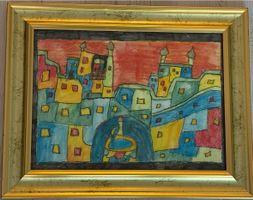Farbenfrohe Stadtlandschaft, Aquarell Mischtechnik, gerahmt