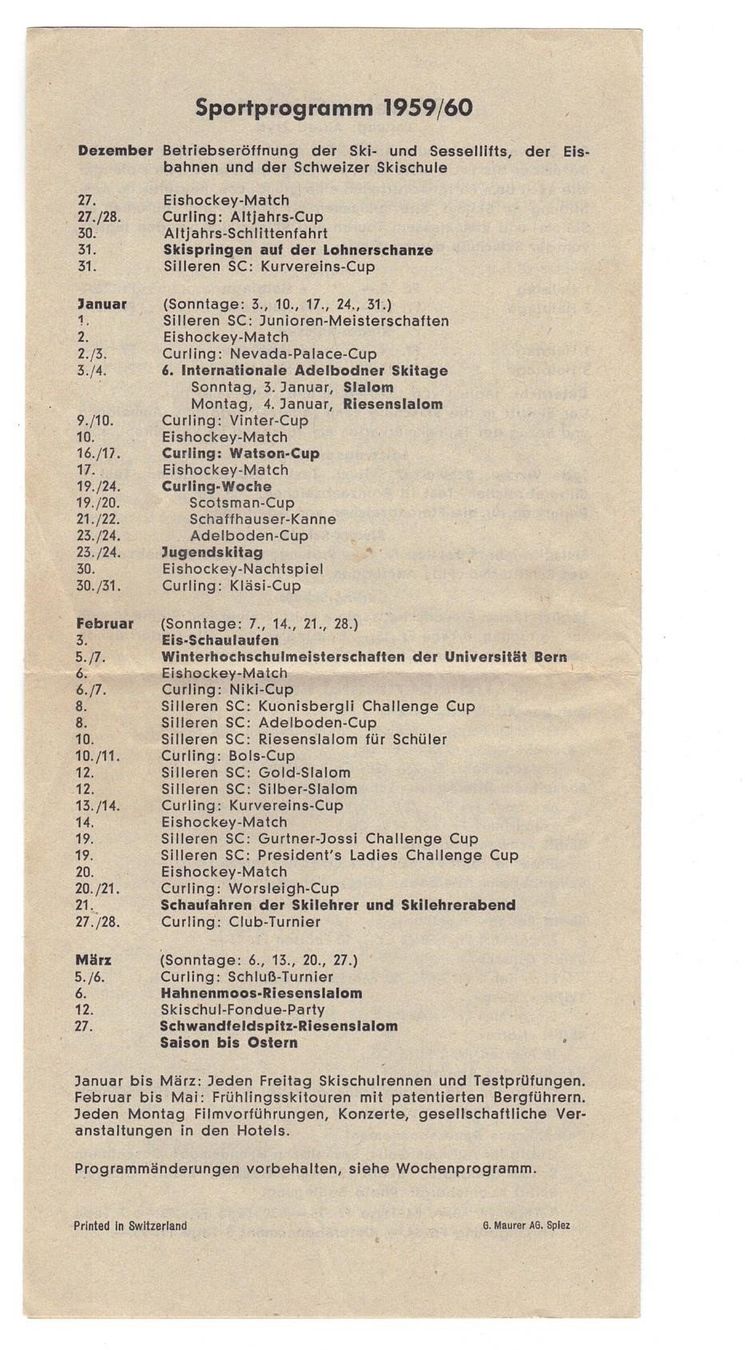 Dokumente: Werbeprospekt ADELBODEN Sport Programm1959/60 – Gebraucht aus Büetigen von philat 2