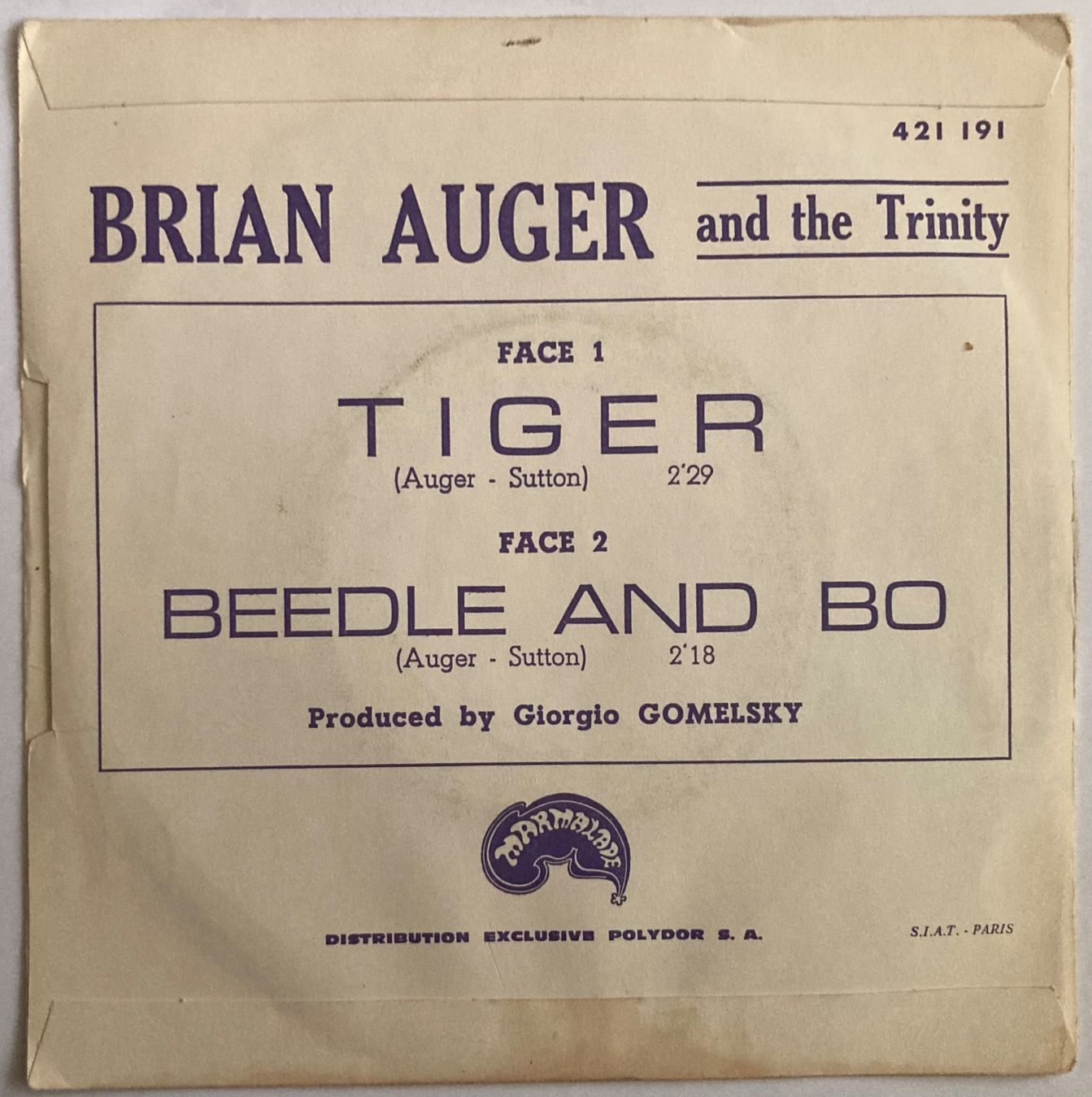 Vinyles: BRIAN AUGER AND THE TRINITY - TIGER – D'occasion à Poliez-Pittet par Newtown-Records 1