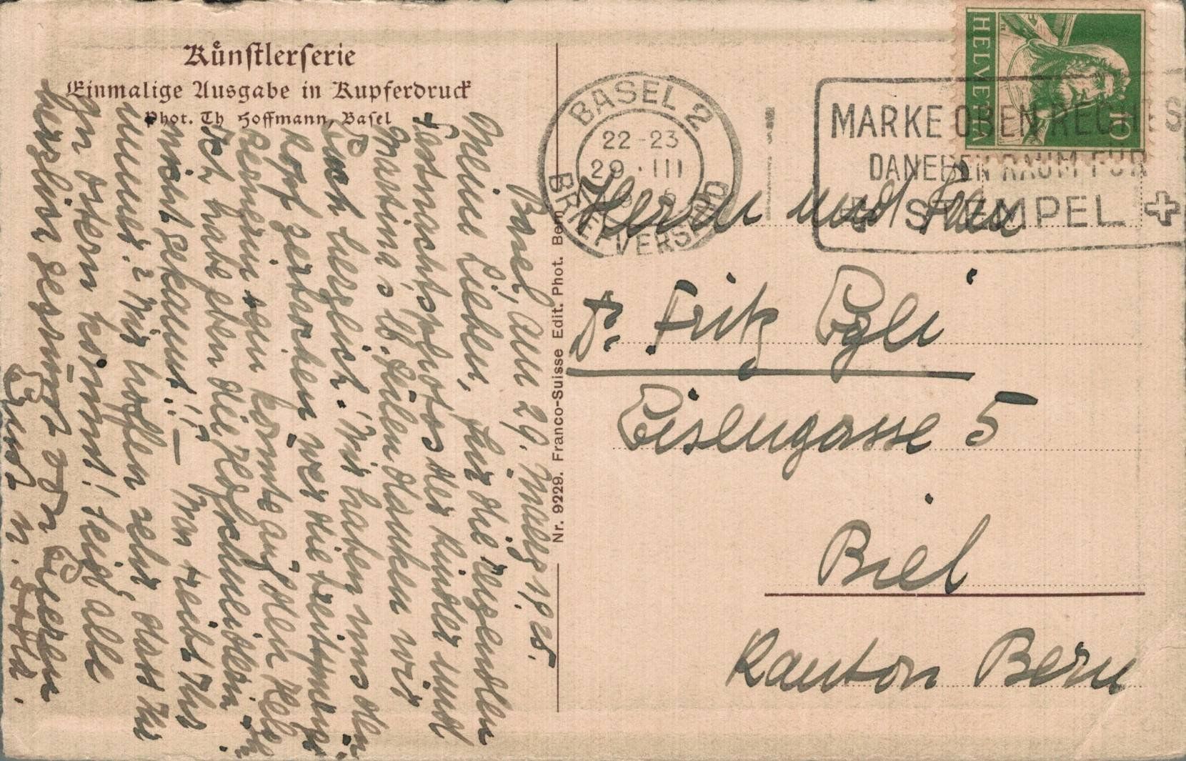 Ansichtskarten: Alte Ansichtskarte Basel Totengässlein, gel. 1926 – Gebraucht aus Luzern von Kartenansicht 1
