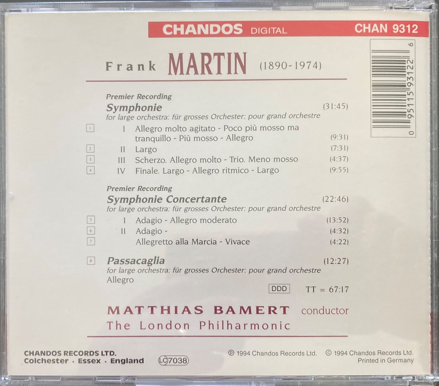 CD: FRANK MARTIN..... - PASSACAGLIA...... – Usato da Poliez-Pittet venduto da Newtown-Records 1