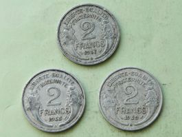 3x 2 Francs France 1947B -1948B -1949B Alu Morlon Beaumont