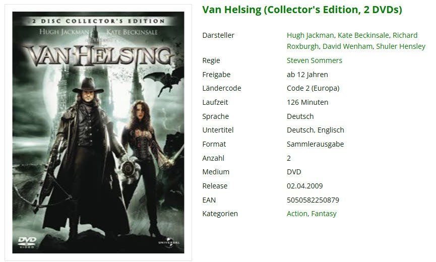 Tutti i DVDs: Van Helsing (Collector's Edition, 2 DVDs) – Usato da Emmetten venduto da SVollenweider