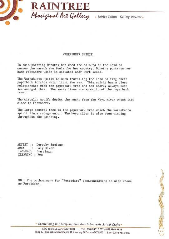Dipinti: DorothySambono–Warrakunta/Aboriginal Art,1998,Zertifikat – Usato da Zürich venduto da Nistiman 1