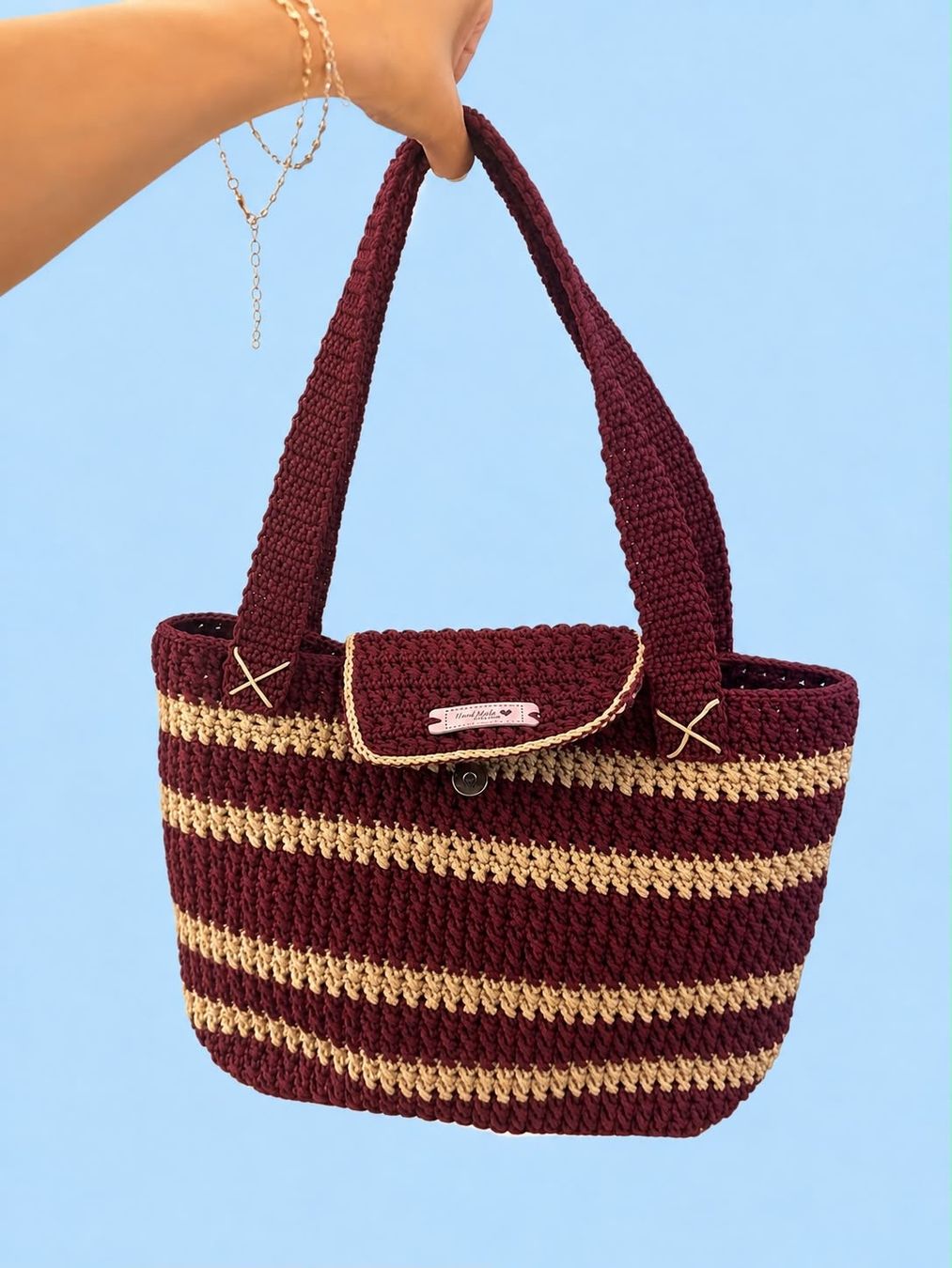 Borse da donna: Handtasche gehäkelt gestreift Bordeaux – Nuovo (secondo la descrizione) da Würenlos venduto da Hahaha1 1