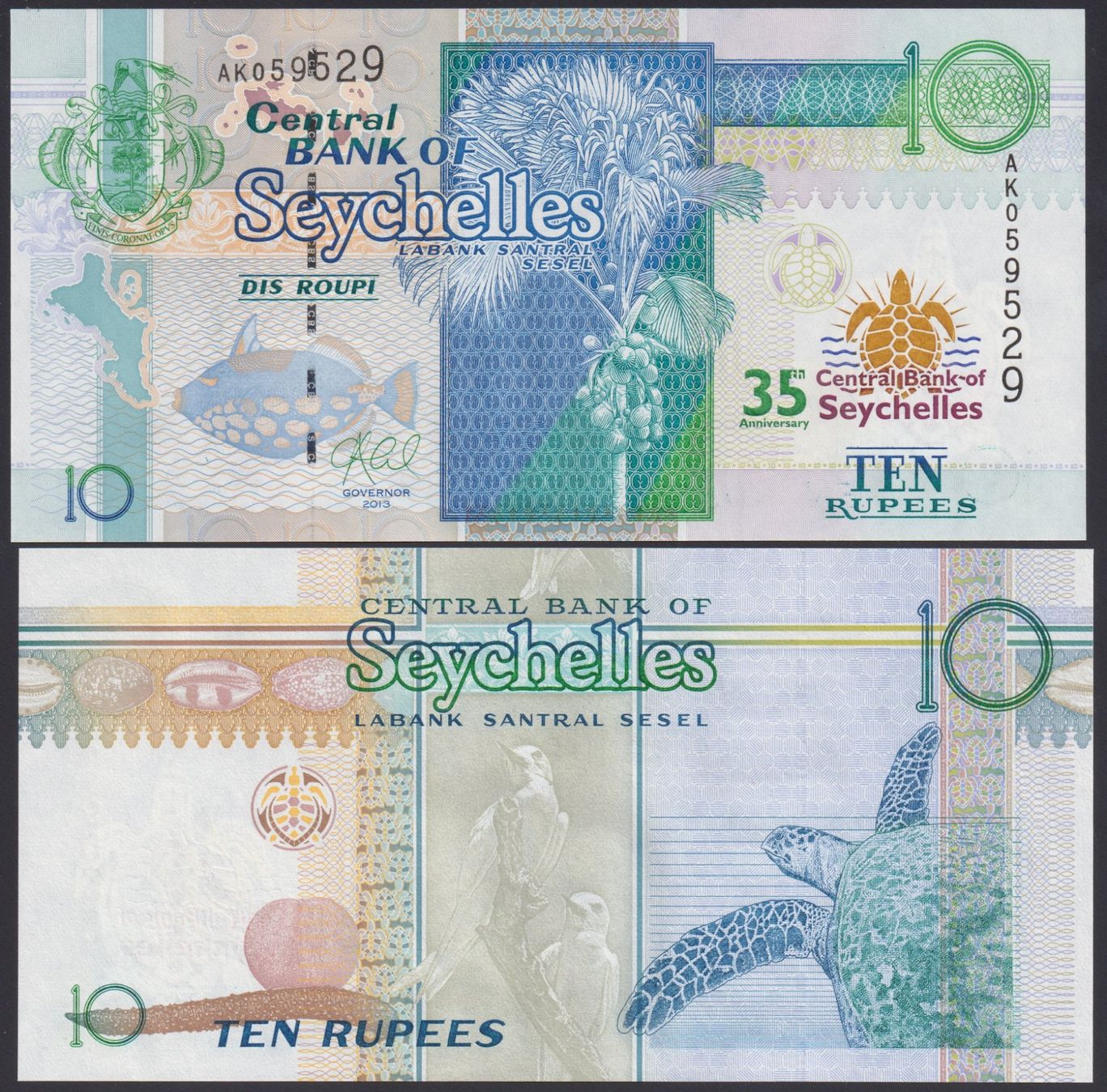 Banconote: Seychelles 10 Rupees UNC 2013 (2018) Commemorative – Nuovo e nell'imballaggio originale da Naters venduto da Radman