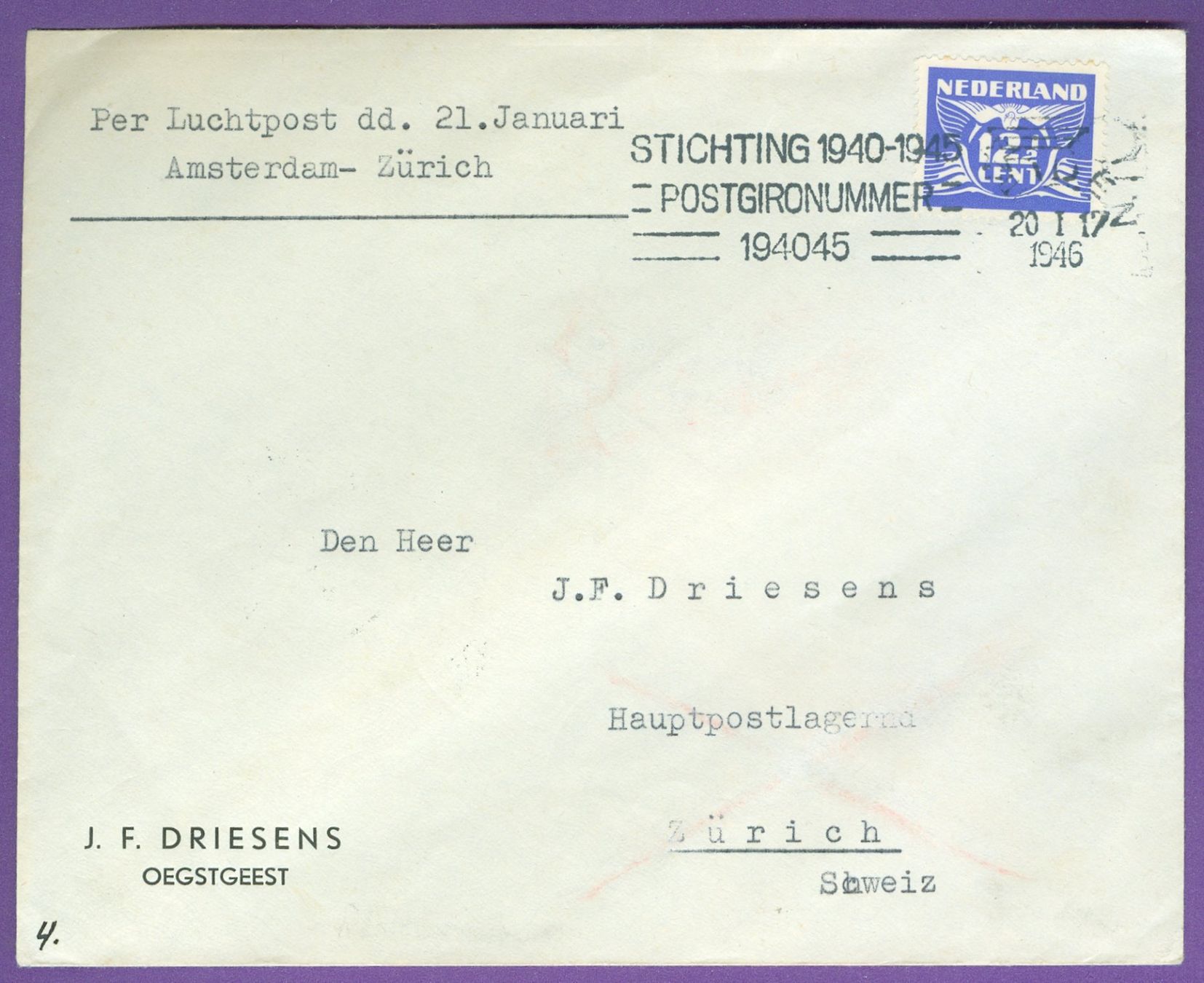 Alle Briefmarken: 1946 Niederlande Flugpost RF – Gebraucht aus Zürich von yago-rot