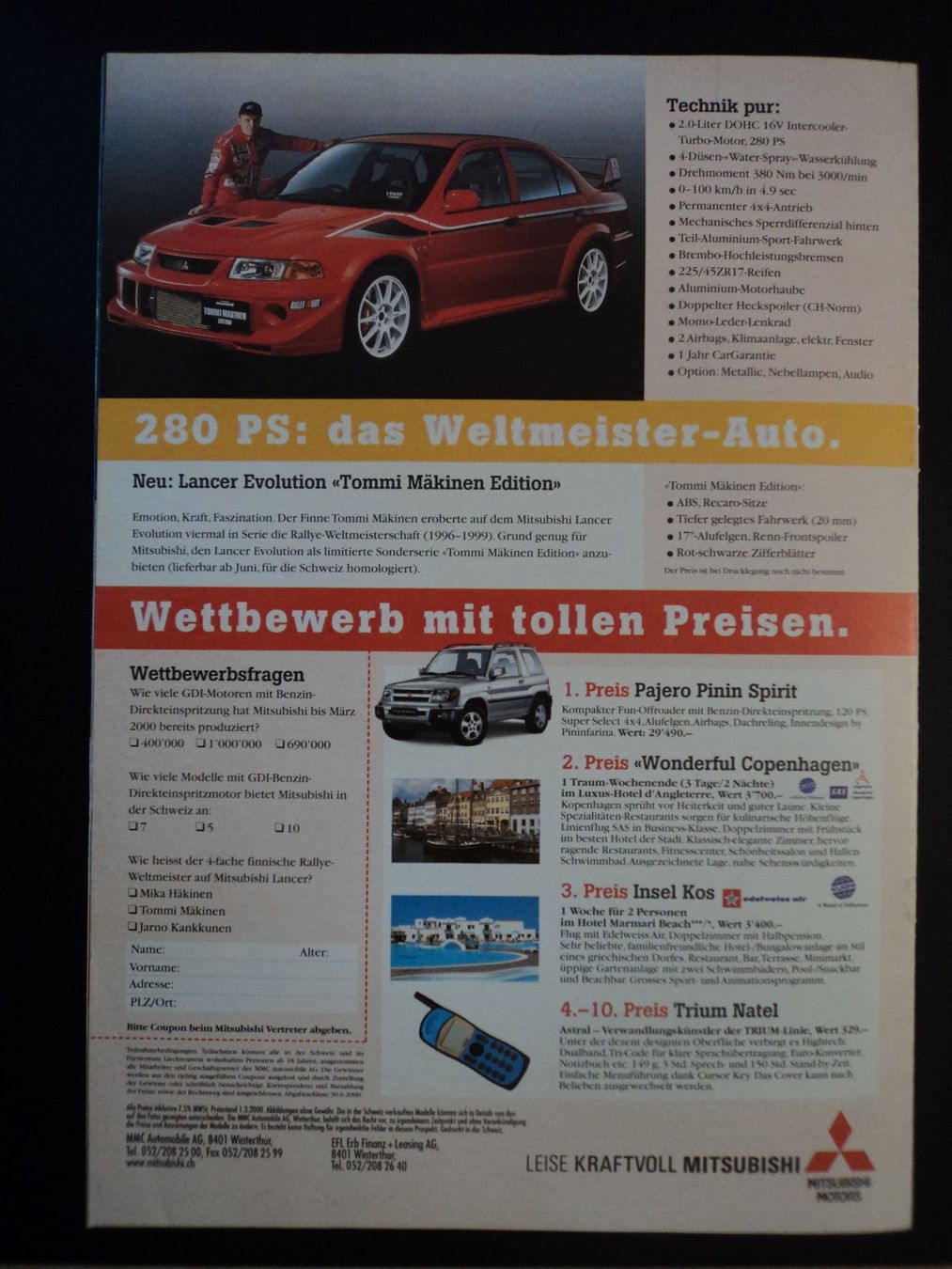 Mitsubishi Documenti: Prospekt Mitsubishi News 2000 mit Lancer Evolution , Pajero – Usato da Schwarzenburg venduto da modelCARama 9