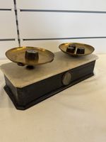 Balance de précision ancienne, laiton et marbre, 4 poids