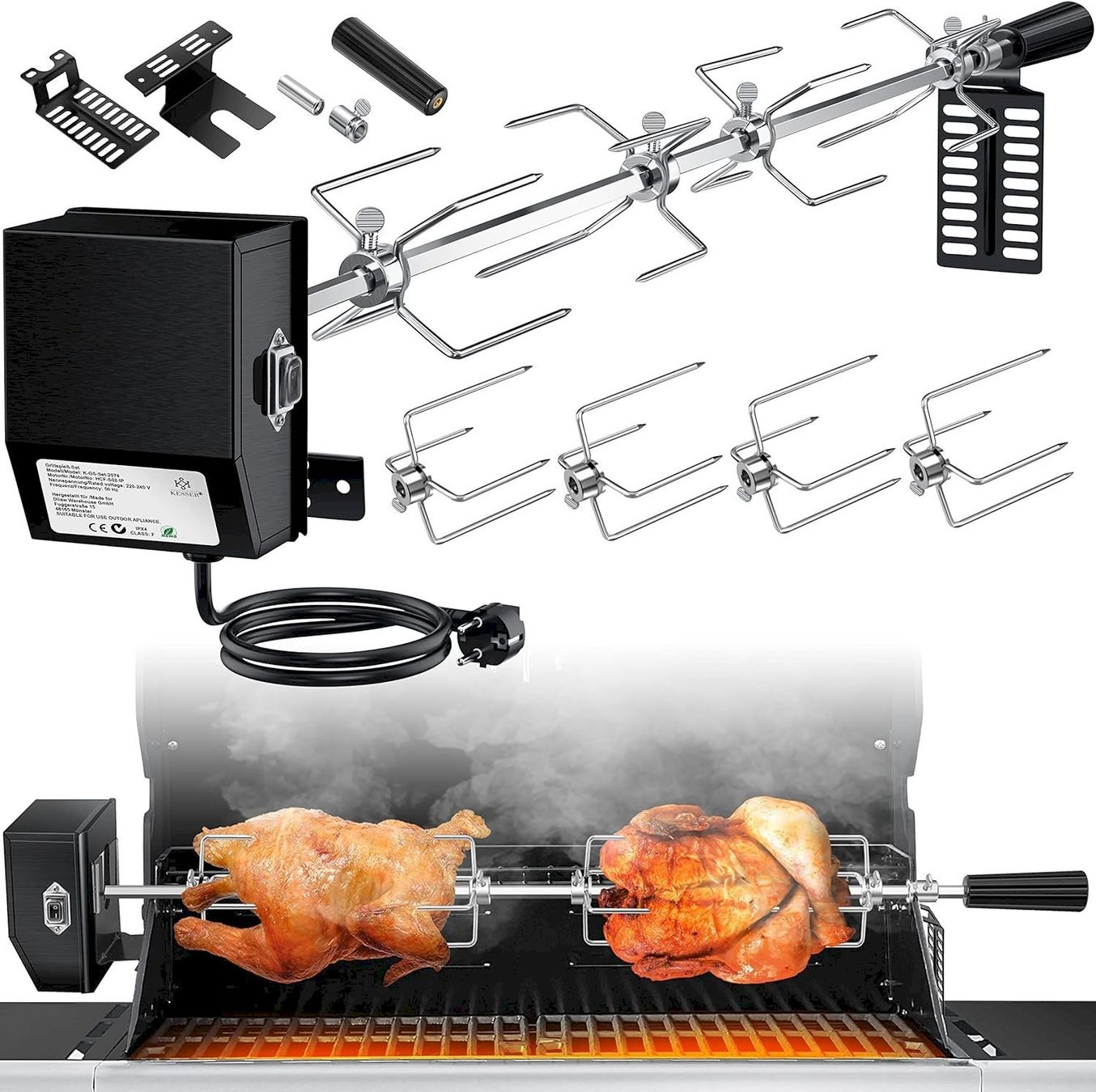 Grillzubehör: Motor-Grillspieß Set Edelstahl BBQ 116cm – Neu und originalverpackt aus Bottighofen von zaap