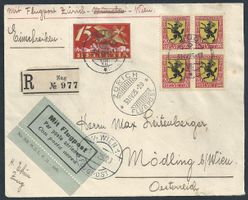 Flugpost Schweiz 1925 Zürich Wien Luftpost Viererblock PJ