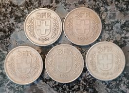 5× 5 Franken Silbermünzen, 1933-1954, Silber Schweiz