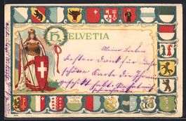 Litho Schweiz, Helvetia mit Speer und Sc