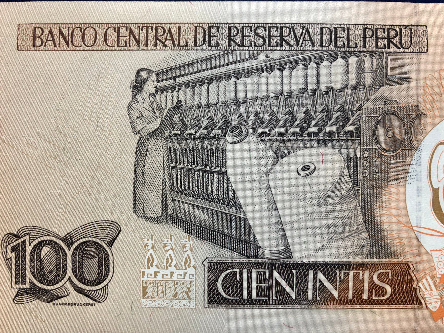 Banconote: Peru 1987 - 100 Intis UNC - Weberin – Nuovo e nell'imballaggio originale da Pfäffikon SZ venduto da Sieben77