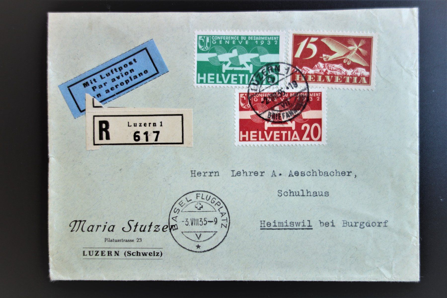 Tutti i francobolli: 1935 Luftpostbrief – Usato da Mettmenstetten venduto da Sutasso