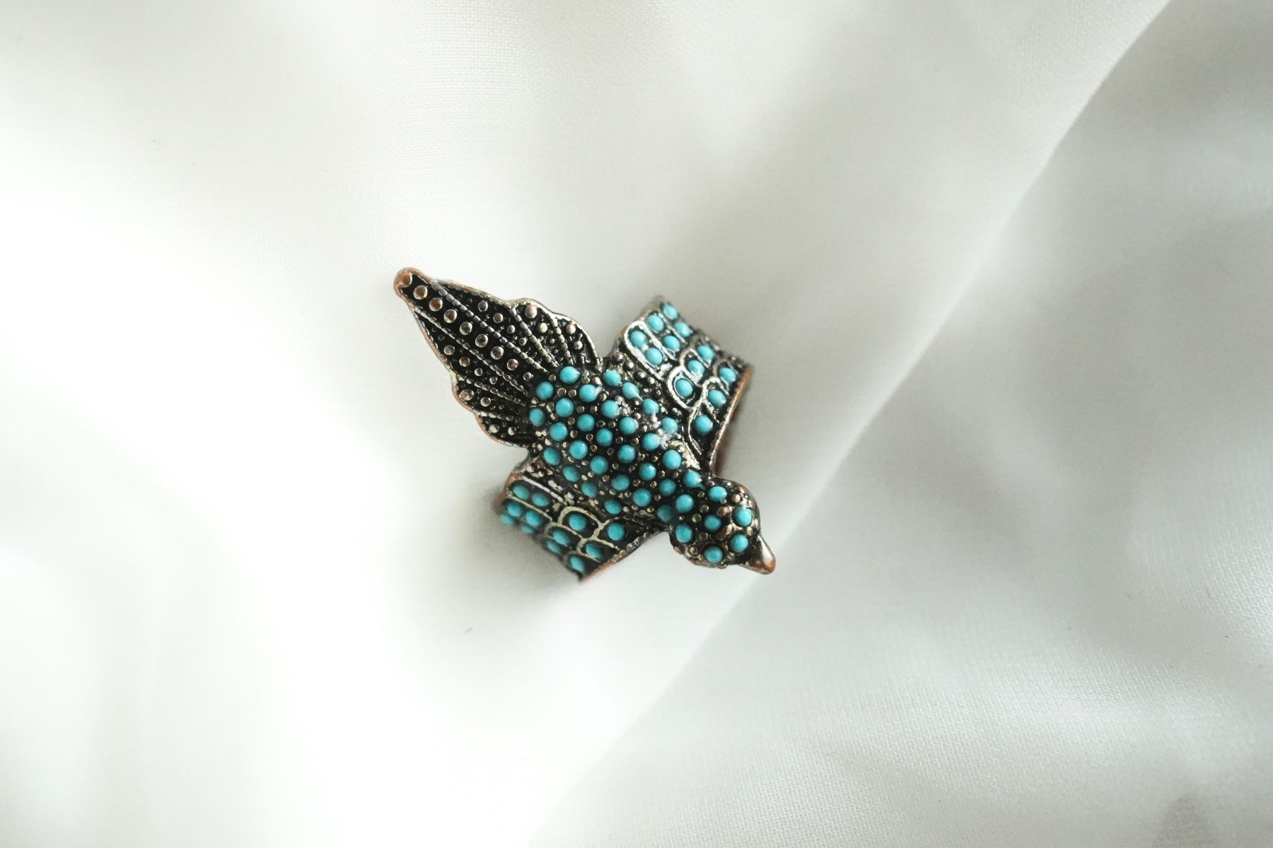 Ringe: Statement Ring Vogel Türkisoptik silberfarben Vintage – Gebraucht aus Volketswil von HeredisAntiques
